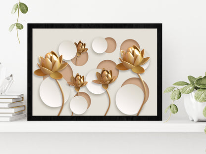 White & Gold 3D Floral Design Glass Framed Wall Art, Ready to Hang Quality Print Without White Border Black