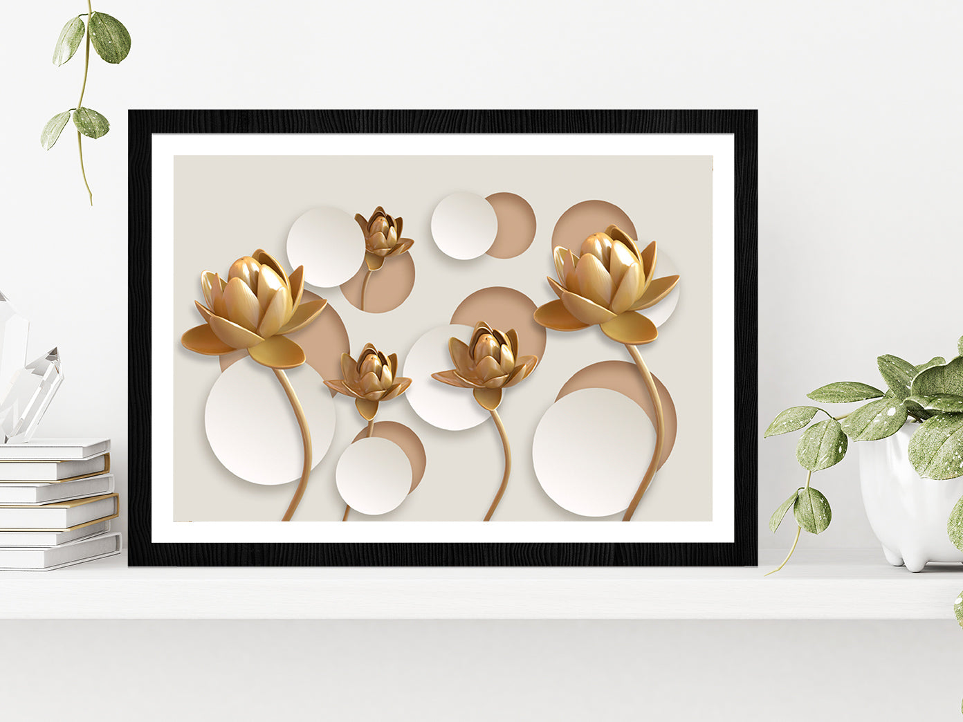 White & Gold 3D Floral Design Glass Framed Wall Art, Ready to Hang Quality Print With White Border Black