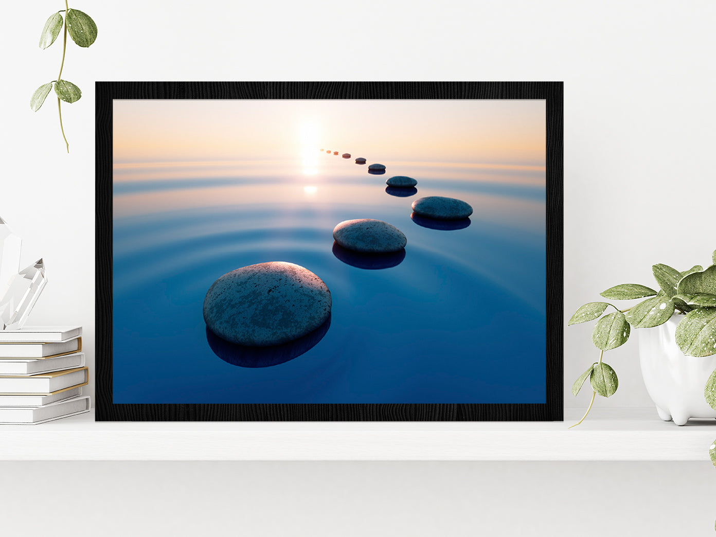 Row Of Stones In Ocean Calm Water Glass Framed Wall Art, Ready to Hang Quality Print Without White Border Black