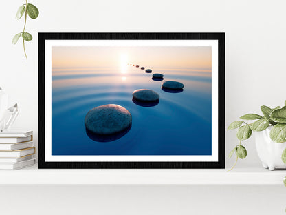 Row Of Stones In Ocean Calm Water Glass Framed Wall Art, Ready to Hang Quality Print With White Border Black