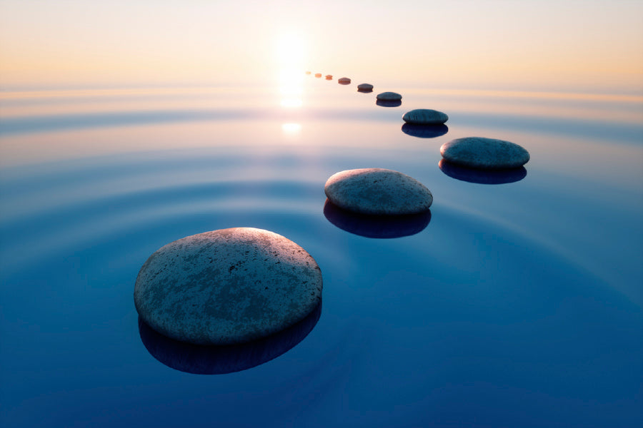 Row Of Stones In Ocean Calm Water Glass Framed Wall Art, Ready to Hang Quality Print