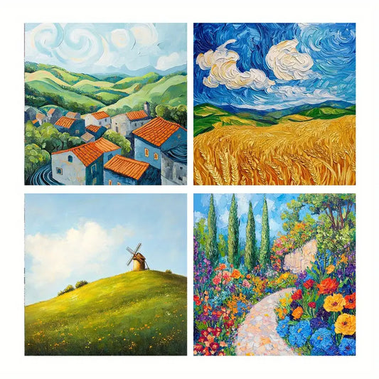 4pcs Green Hills, Orange Roof Houses, Blue Sky Wall Art Canvas Framed