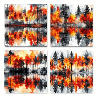 4pcs  Vibrant Autumn Forest Reflections  FR  Wall Art Canvas Framed