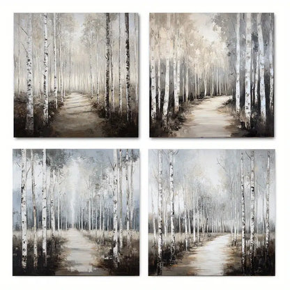 4pcs Gray Birch Forest Poster Modern Wall Art Canvas Framed