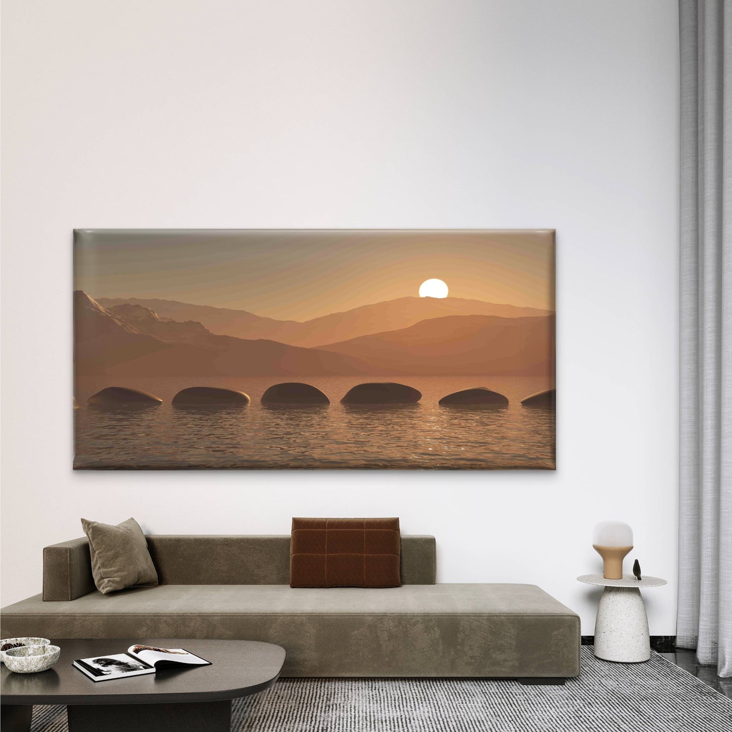 Stones in Ocean Against Sunset Wall Art Canvas Office Home Room Framed 120x60cm