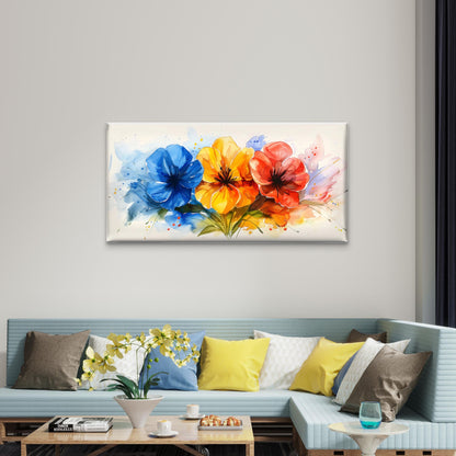 Vibrant Watercolor Floral Trio Blue Yellow Red Blossoms Wall Art Canvas Office Home Room Framed 120x60cm