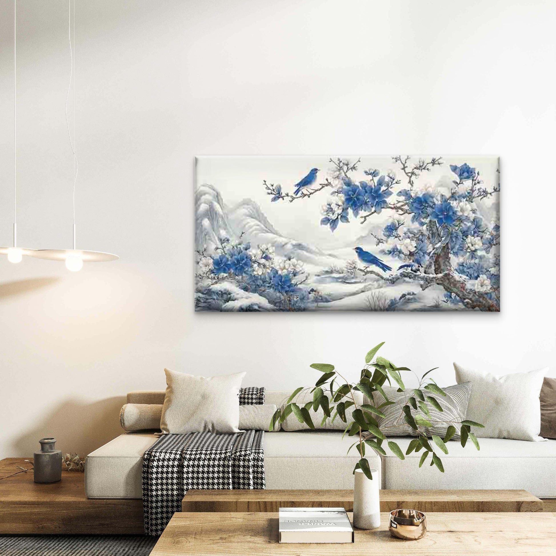 Blue Birds & Snowy Landscape Wall Art Canvas Office Home Room Framed 120x60cm - Bella Home Decor