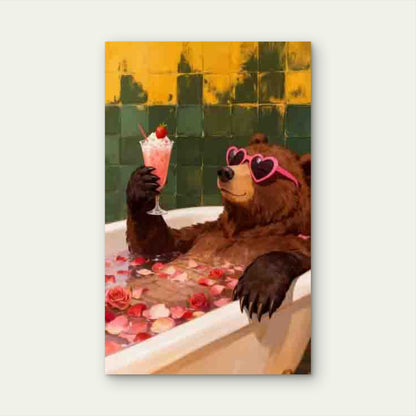 Brown Bear Drinking Cocktail in Bathtub Metal Print Ready to Hang