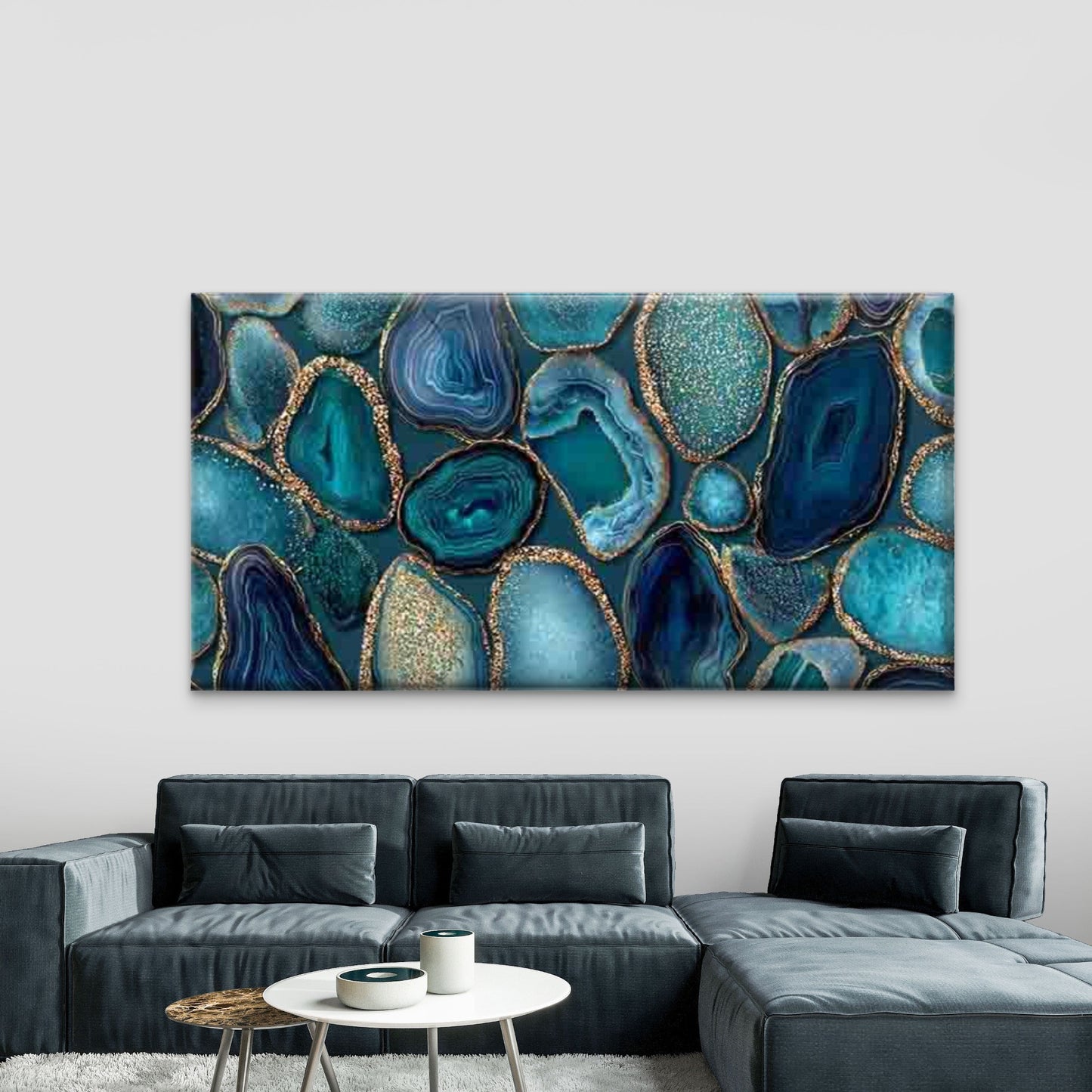 Blue Geode Bunch Wall Art Canvas Office Home Room Framed 120x60cm