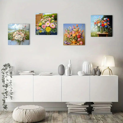 4pcs Vibrant Roses, Daisies & Wildflowers Wall Art Canvas Framed