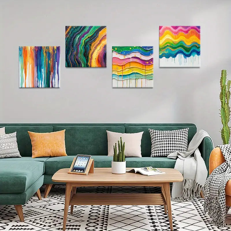 4pcs  Vibrant Rainbow  Flowing Paint  Wall Art Canvas Framed