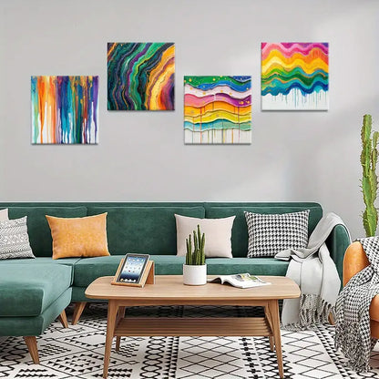 4pcs  Vibrant Rainbow  Flowing Paint  Wall Art Canvas Framed