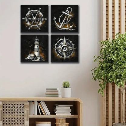 4pcs Lighthouse, Anchor, Compass & Ship Wheel Wall Art Canvas Framed