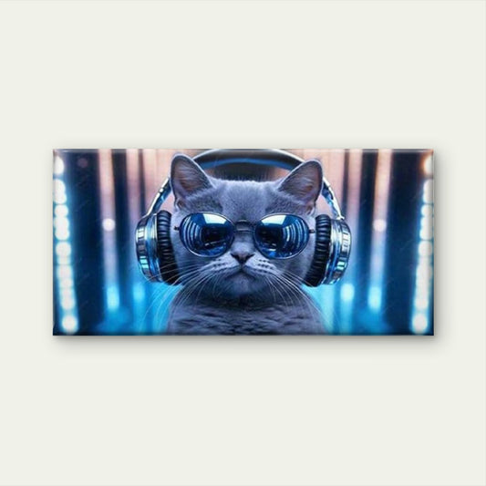 Cat with Headphones Wall Art Canvas Office Home Room Framed 120x60cm