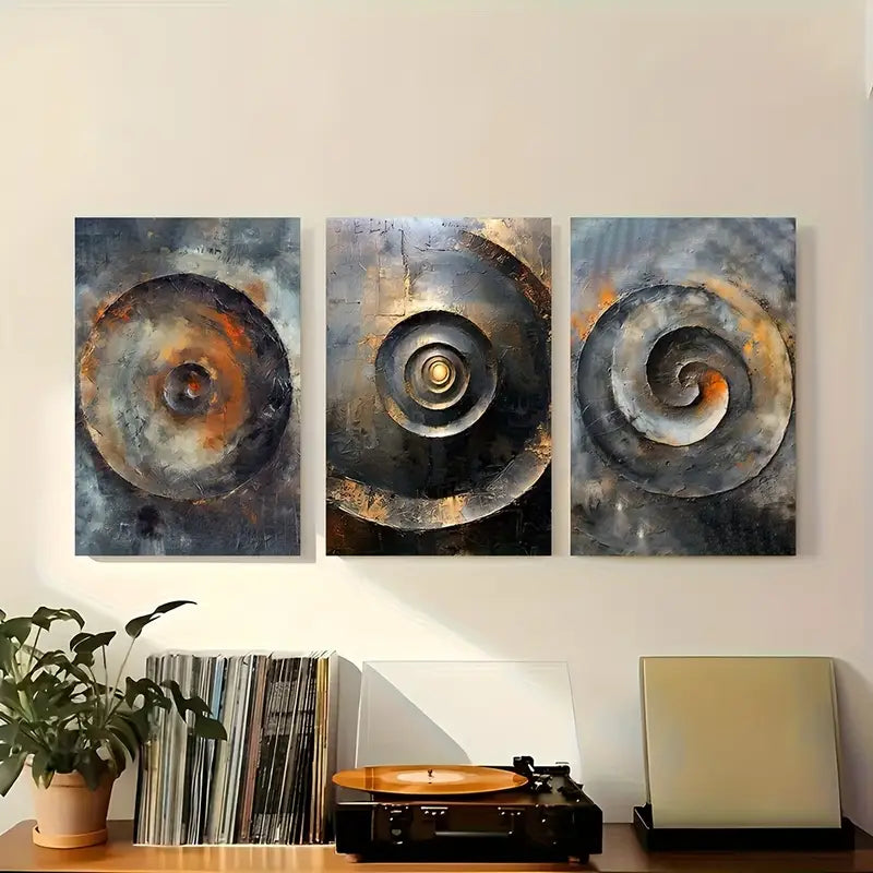 3pcs Metal Spiral Design In Golden And Gray Tones Metal Print Ready to Hang Art - Bella Home Decor
