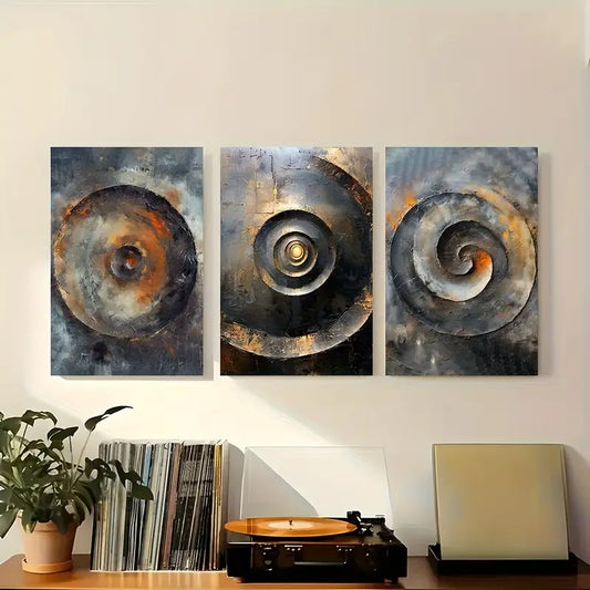 3pcs Metal Spiral Design In Golden And Gray Tones Metal Print Ready to Hang Art