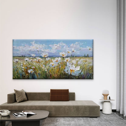 White Daisy Field Flowers Wall Art Canvas Office Home Room Framed 120x60cm