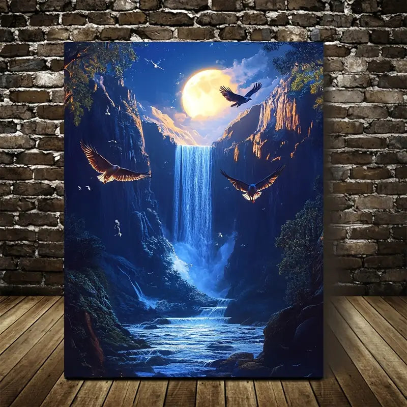 Vibrant Hawk & Waterfall Scene with Moonlight 40x60cm Metal Print Ready to Hang - Bella Home Decor