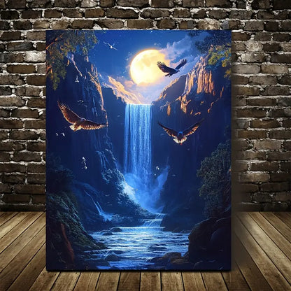 Vibrant Hawk & Waterfall Scene with Moonlight 40x60cm Metal Print Ready to Hang - Bella Home Decor