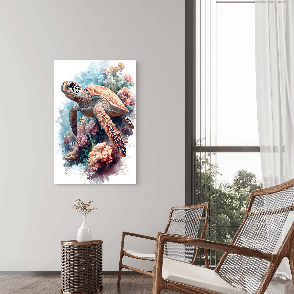 Turtle Floating in Coral Reefs 40x60cm Metal Print Ready to Hang