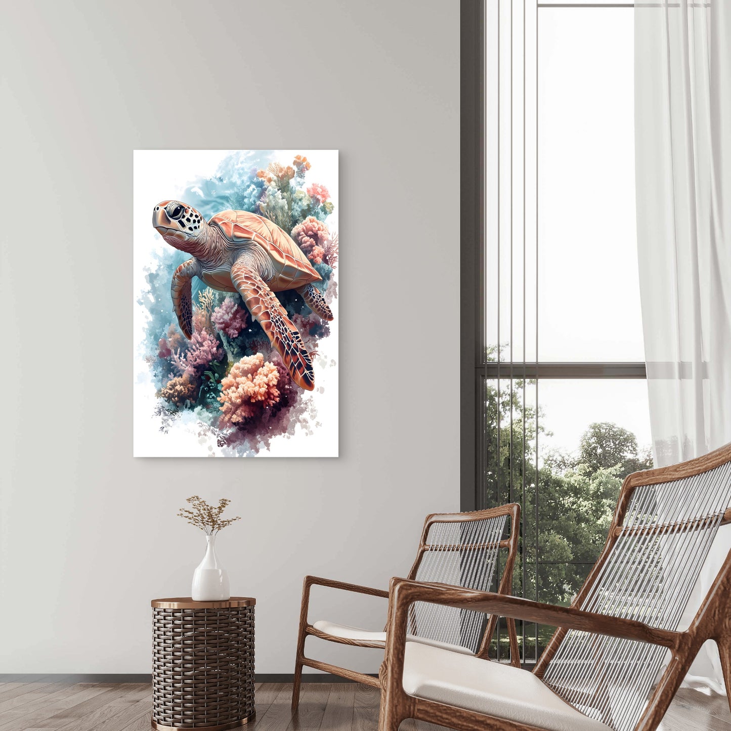 Turtle Floating in Coral Reef Illustration 60x90cm Metal Print Ready to Hang