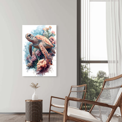 Turtle Floating in Coral Reef Illustration 60x90cm Metal Print Ready to Hang