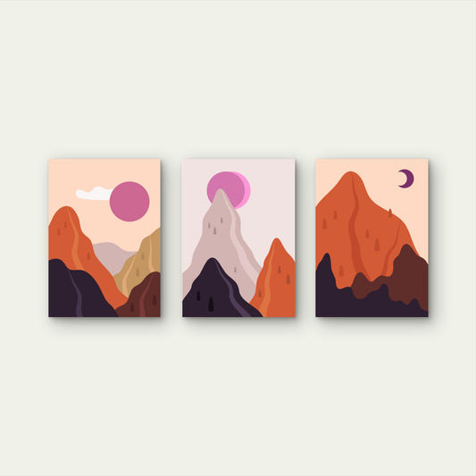 3pcs Abstract Mountain Hills Sun Moon   Wall Art Set Canvas Framed 50x70cm - High Quality Print 100% Australian Made Wall Canvas Ready to Hang