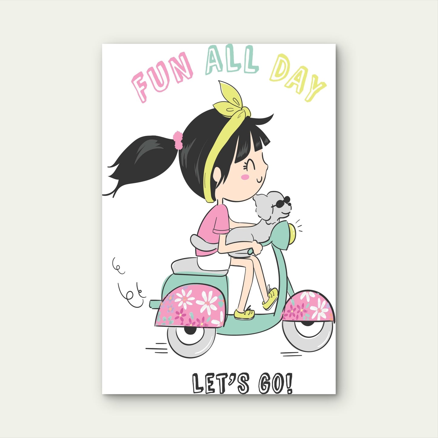 Cartoon Girl Riding Scooter With Dog Fun All Day 40x60cm Metal Print Ready to Hang