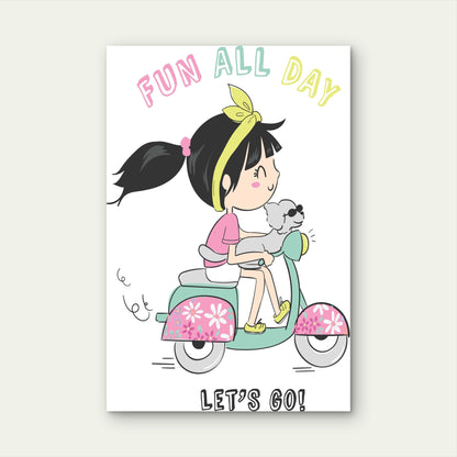 Cartoon Girl Riding Scooter With Dog Fun All Day 40x60cm Metal Print Ready to Hang