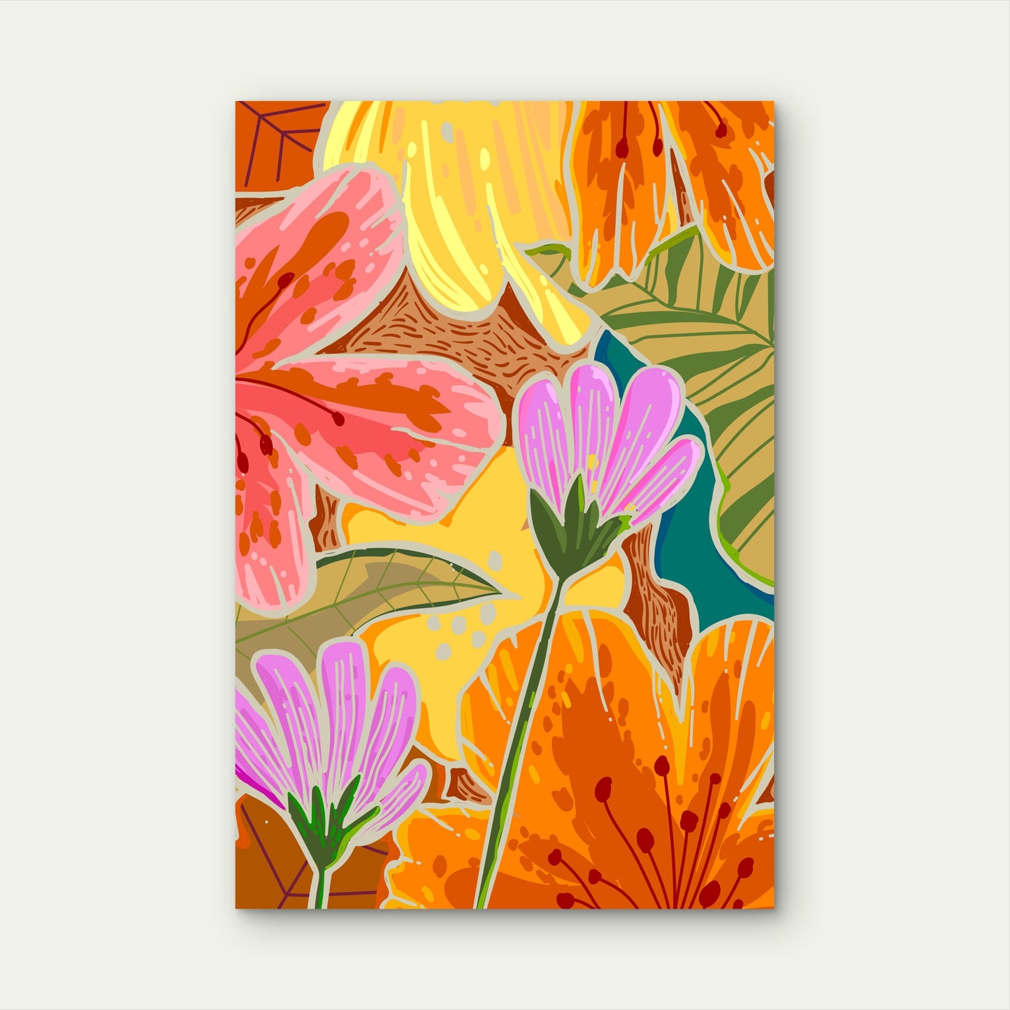 Illustrative and Abstract Floral Pattern 60x90cm Metal Print Ready to Hang