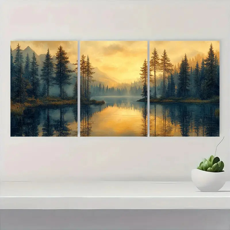 3pcs Pine Forest & Twilight Lake Reflection Metal Print Ready to Hang Art