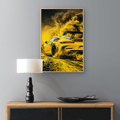 Yellow Porsche Sports Car Drifting Yellow Smoke Premium quality Poster print choose your sizes