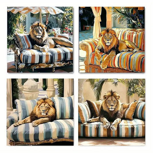 4pcs Majestic Lion By Poolside In Vibrant Colors Wall Art Canvas Framed