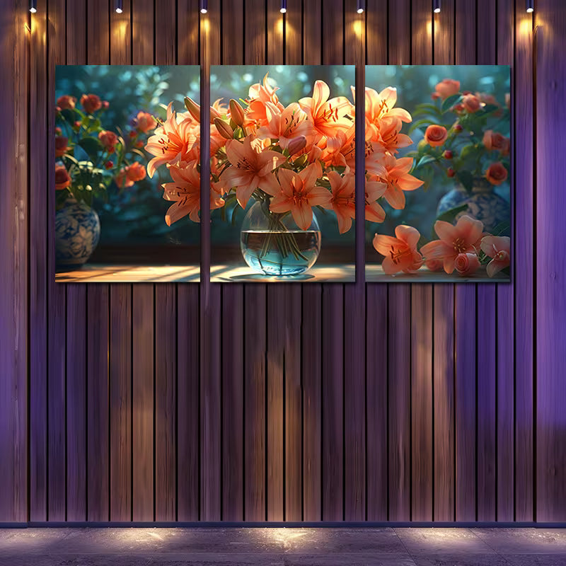3pcs Lush Green Foliage & Blooming Flowers Wall Art Set Canvas Framed 50x70cm - High Quality Print 100% Australian Made Wall Canvas Ready to Hang