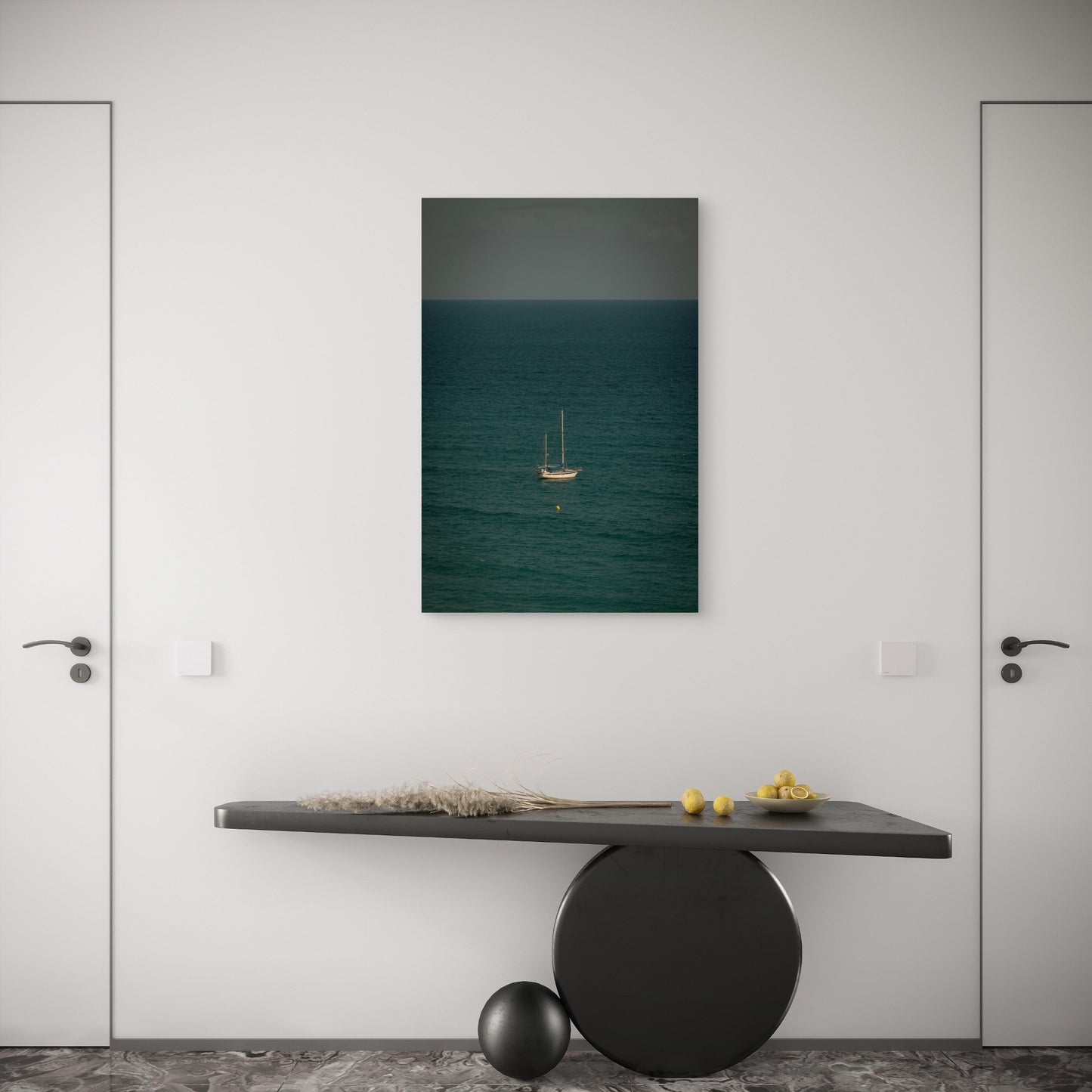 Sailboat Floating On The Calm Ocean Waters 40x60cm Metal Print Ready to Hang