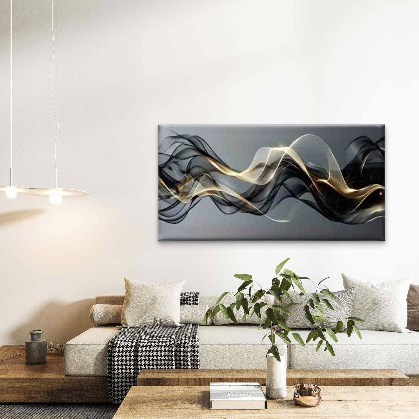 Abstract Dark Tone Waves Wall Art Canvas Office Home Room Framed 120x60cm - Bella Home Decor
