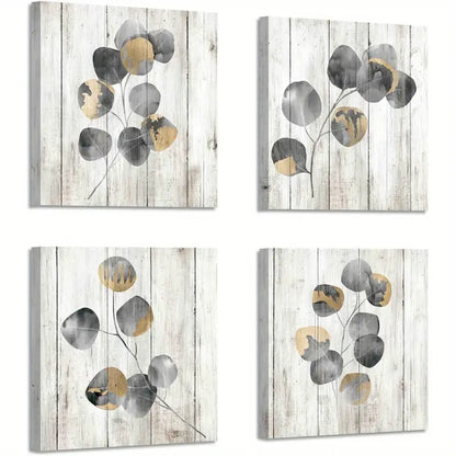 4pcs Plant Leaf Wood Texture   Wall Art Canvas Framed