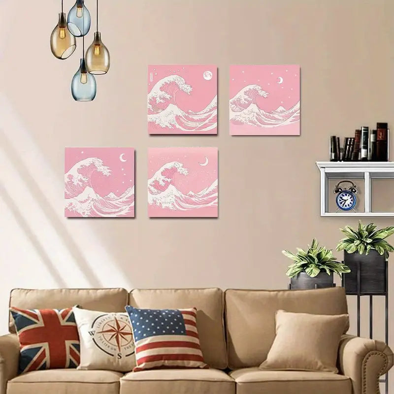 4pcs Pink Sea Wave PD    Wall Art Canvas Framed
