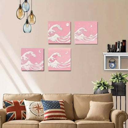 4pcs Pink Sea Wave PD    Wall Art Canvas Framed