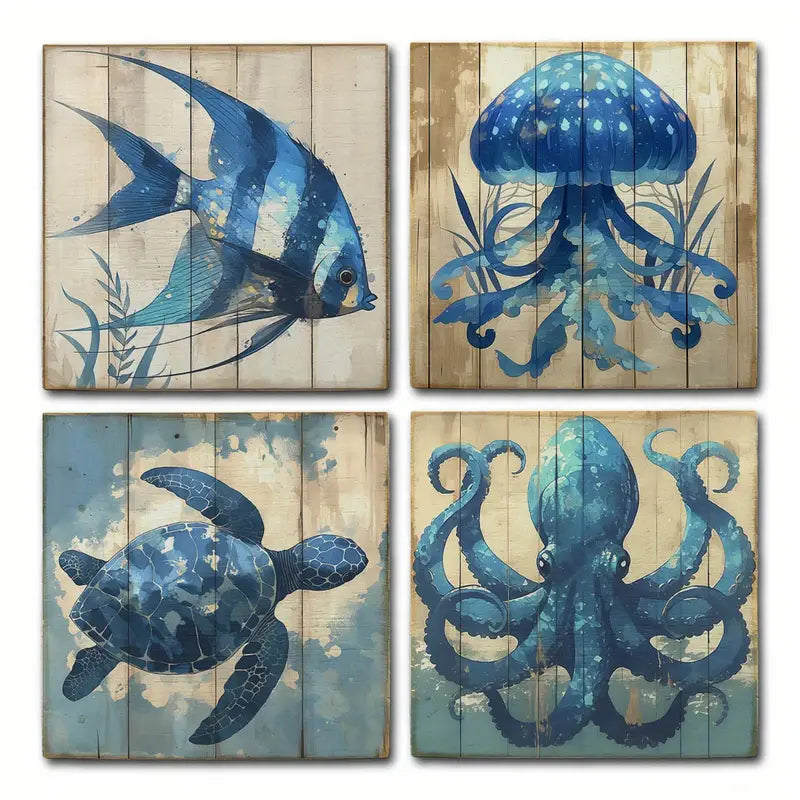 4pcs Blue Sea  Animals Wall Art Canvas Framed - Bella Home Decor