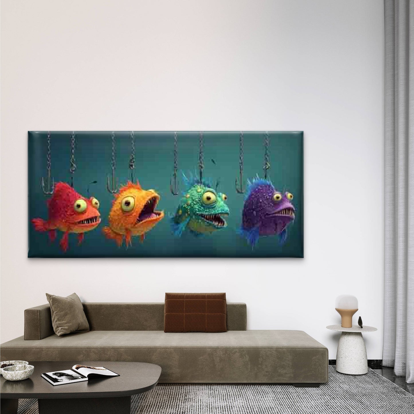 Whimsical Cartoon Fish Wall Art Canvas Office Home Room Framed 120x60cm