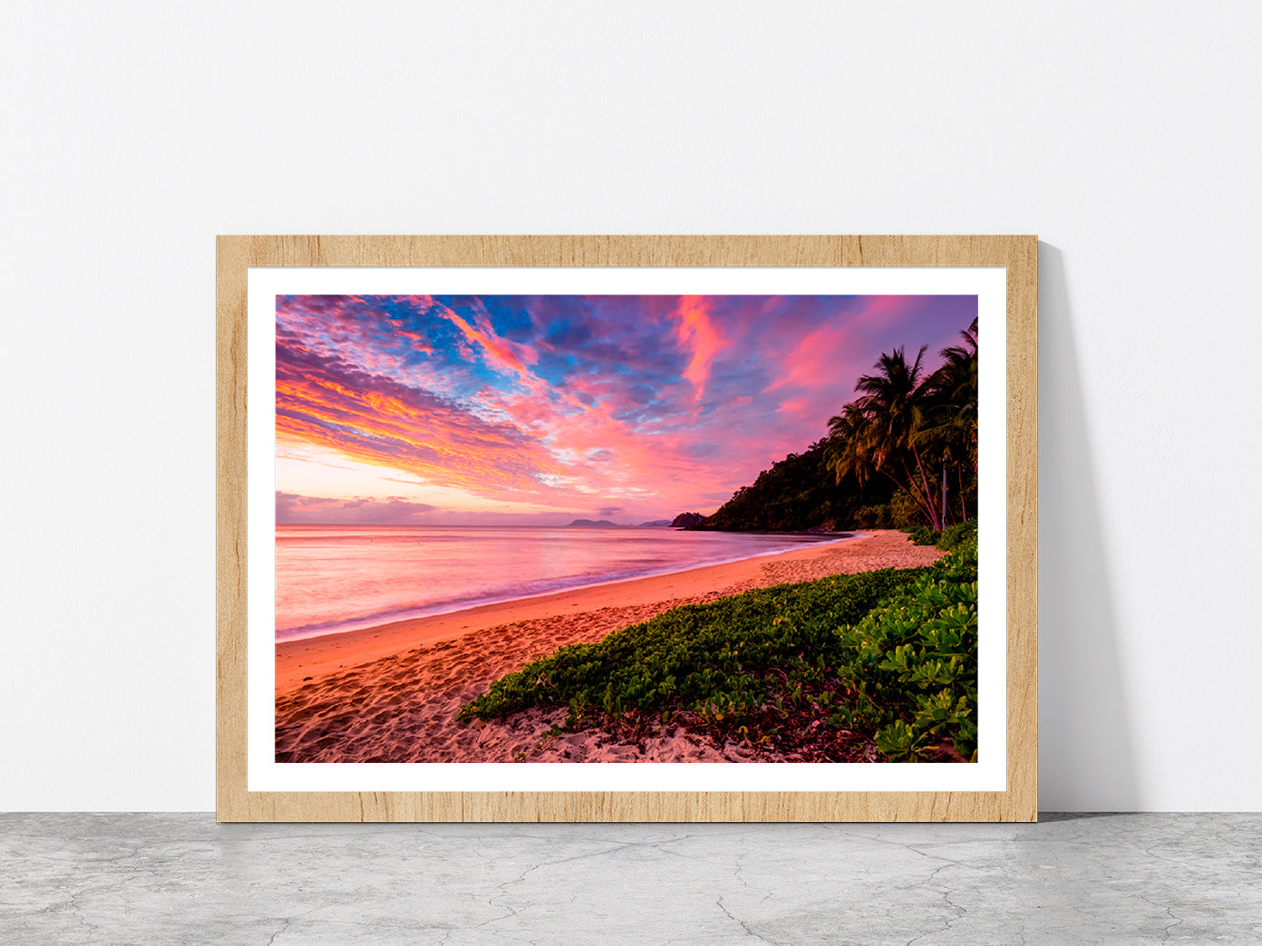 Sunrise Sky Viewed Trinity Beach Glass Framed Wall Art, Ready to Hang Quality Print With White Border Oak