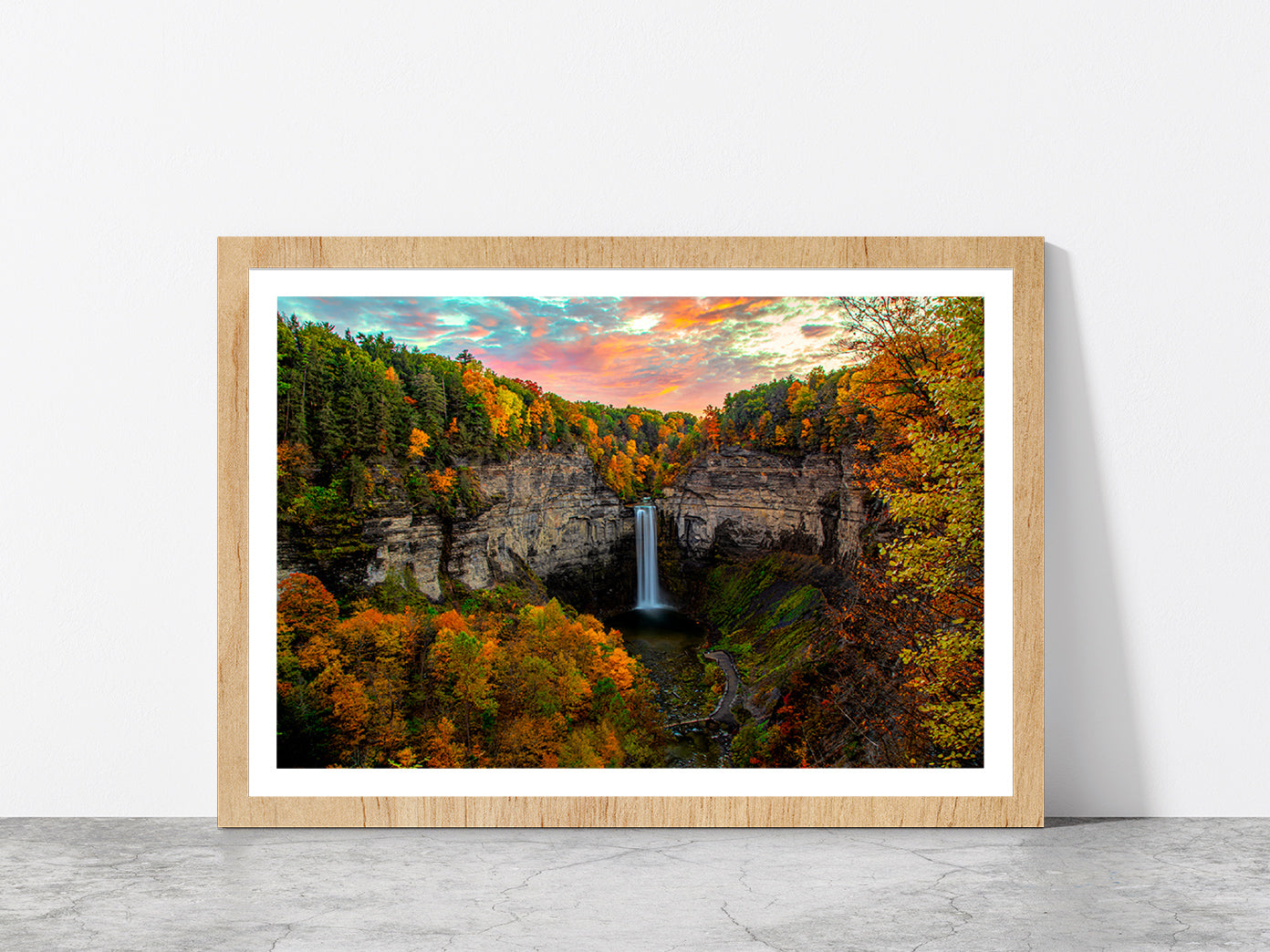 Taughannock Falls In Autumn Forest Glass Framed Wall Art, Ready to Hang Quality Print With White Border Oak