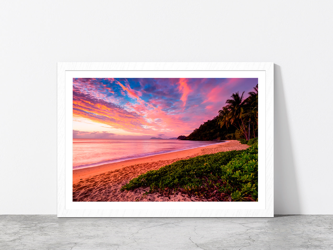 Sunrise Sky Viewed Trinity Beach Glass Framed Wall Art, Ready to Hang Quality Print With White Border White