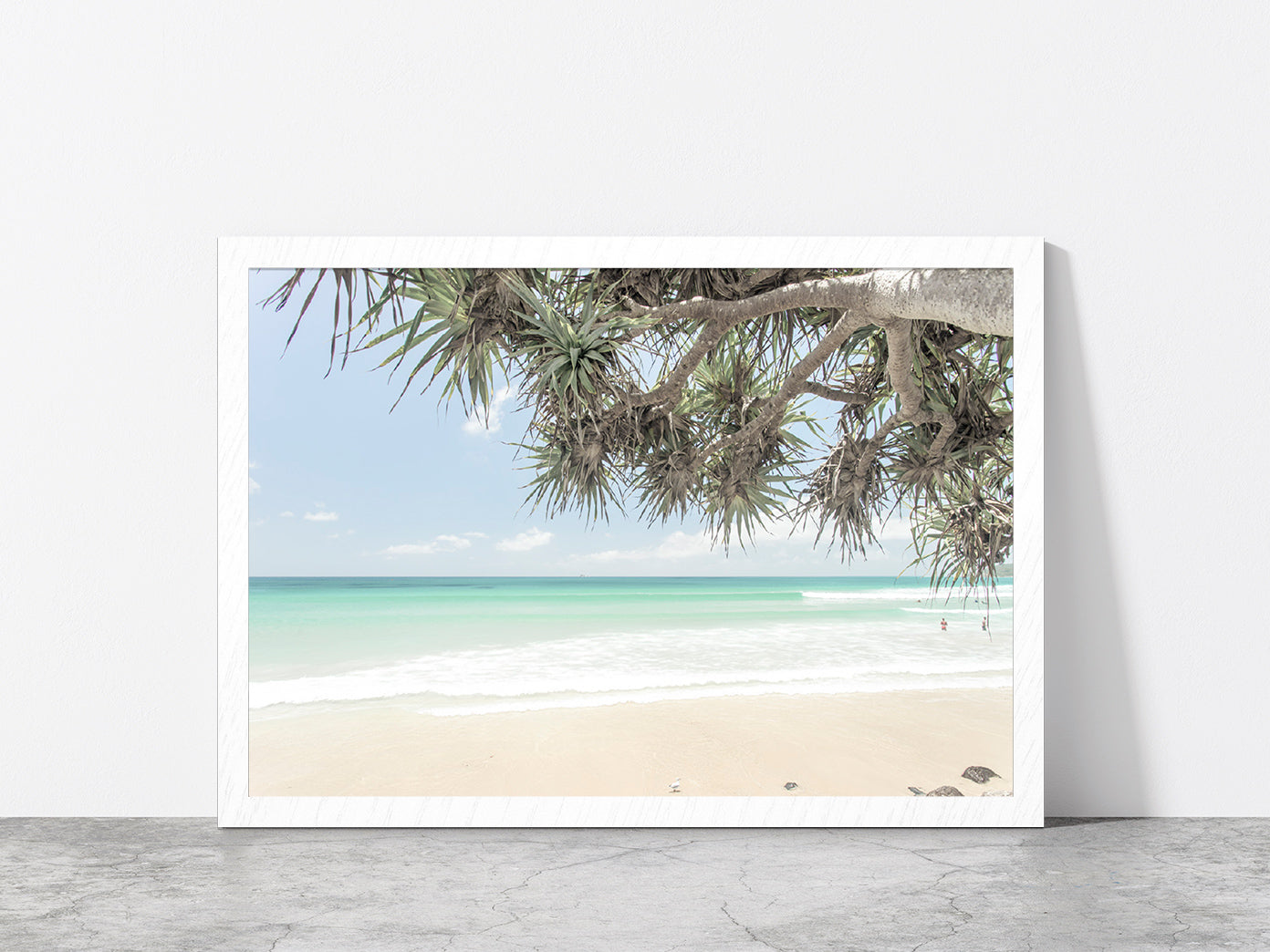 Trees near Sand Beach & Seawaves Photograph Glass Framed Wall Art, Ready to Hang Quality Print Without White Border White