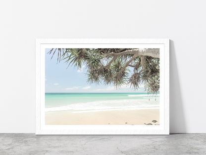 Trees near Sand Beach & Seawaves Photograph Glass Framed Wall Art, Ready to Hang Quality Print With White Border White