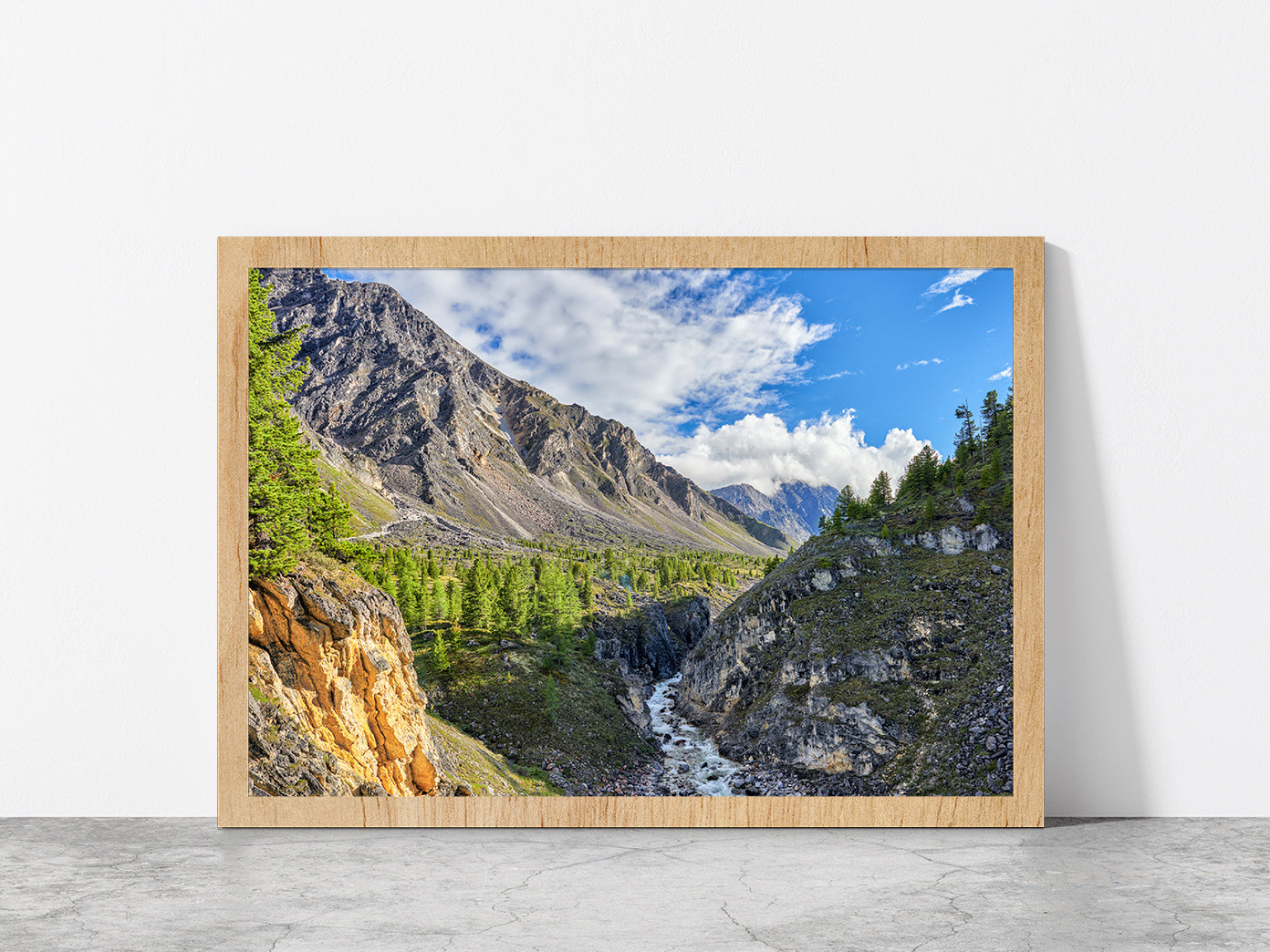 Narrow River In Siberian Mountain Glass Framed Wall Art, Ready to Hang Quality Print Without White Border Oak