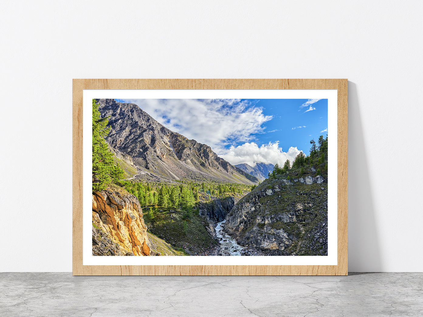 Narrow River In Siberian Mountain Glass Framed Wall Art, Ready to Hang Quality Print With White Border Oak