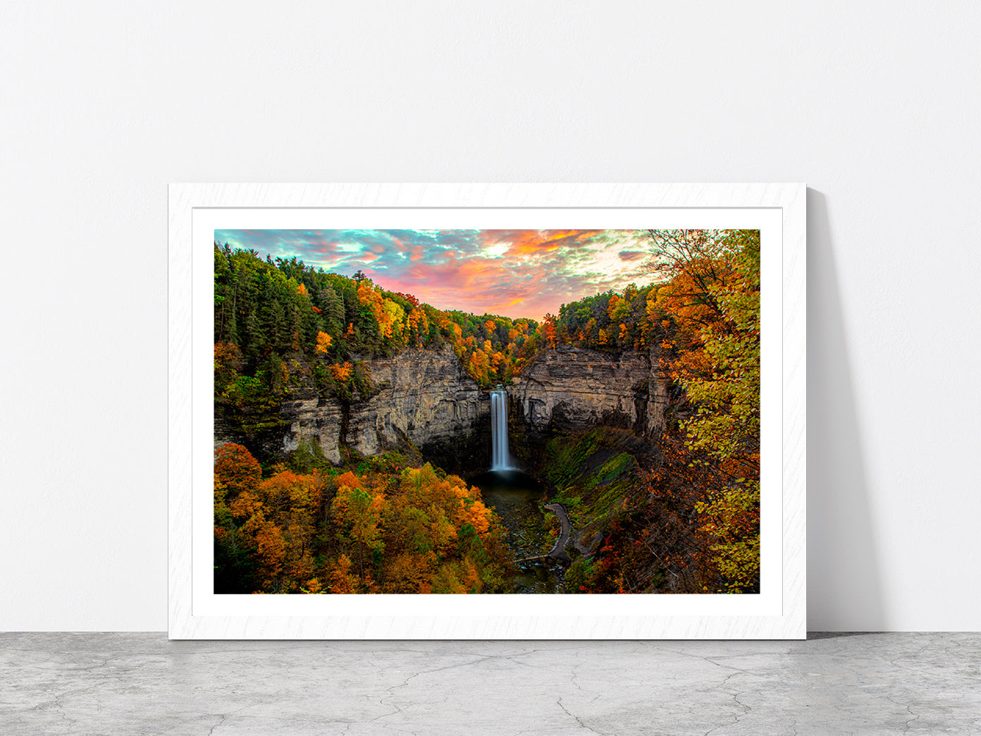 Taughannock Falls In Autumn Forest Glass Framed Wall Art, Ready to Hang Quality Print With White Border White
