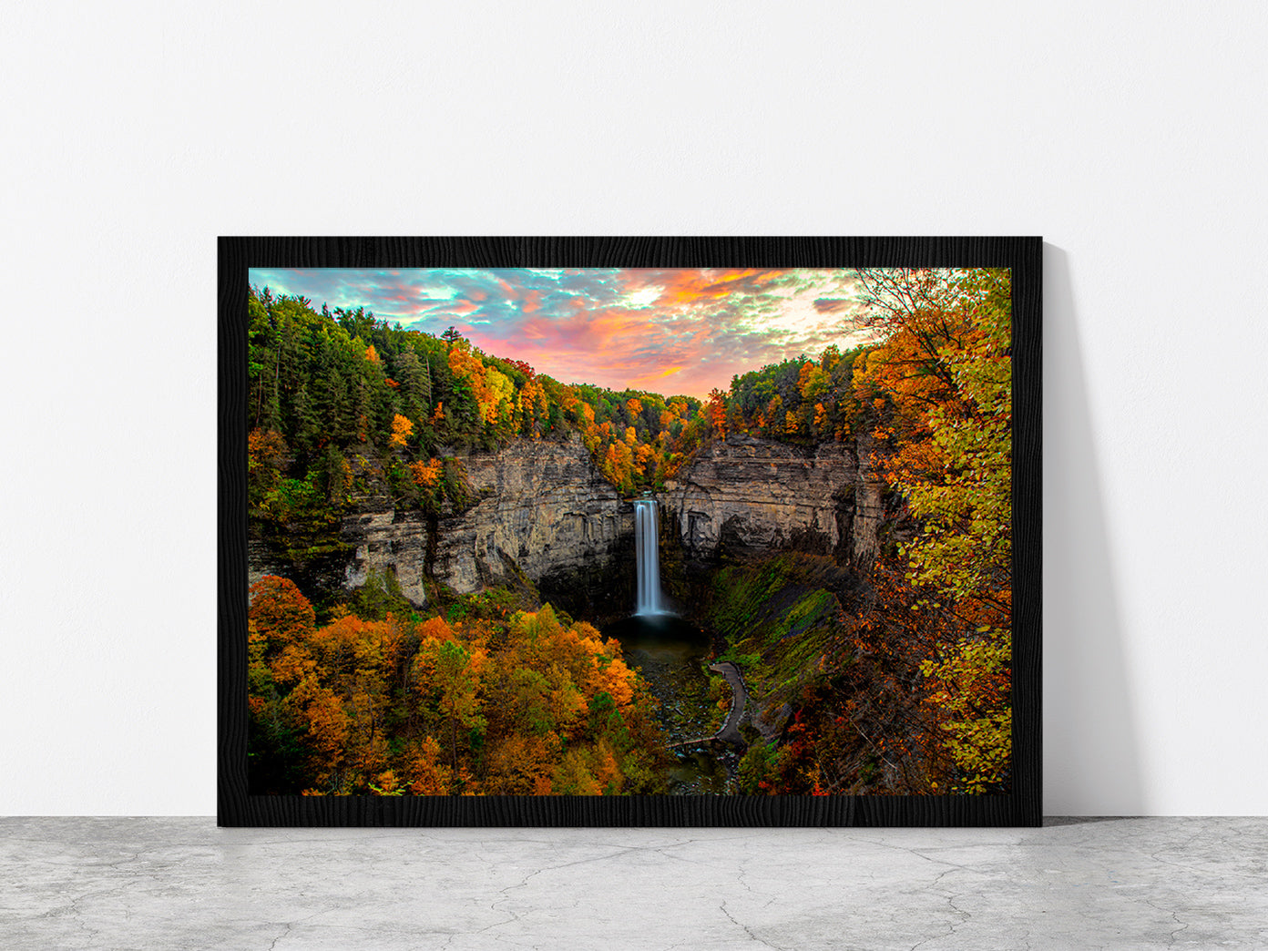 Taughannock Falls In Autumn Forest Glass Framed Wall Art, Ready to Hang Quality Print Without White Border Black